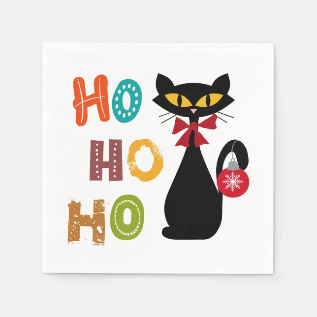 Schwarze Katze mit Ho Ho Ho Textdesign Serviette (Vorderseite)