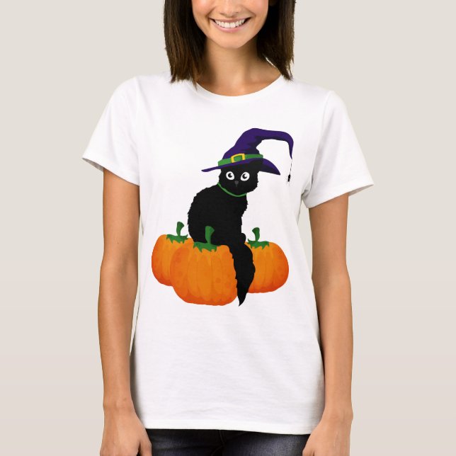 Schwarze Katze mit Hut und Kürbis zu Halloween T-Shirt (Vorderseite)