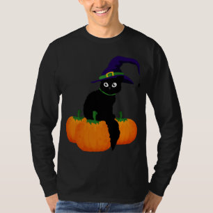 Schwarze Katze mit Hut und Kürbis zu Halloween T-Shirt