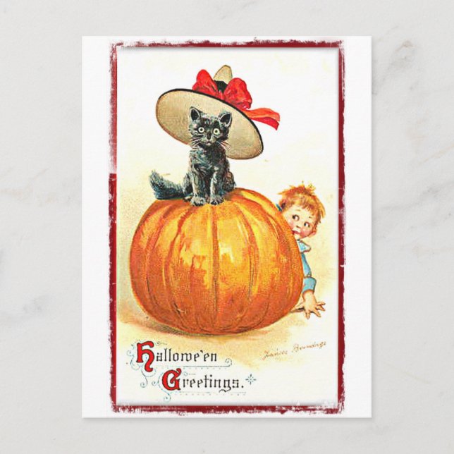 Schwarze Katze mit Hut Vintag Halloween Postkarte (Vorderseite)