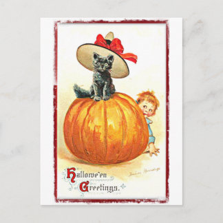 Schwarze Katze mit Hut Vintage Halloween Postkarte