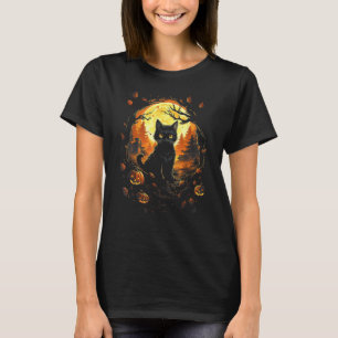 Schwarze Katze mit Jackolantern und Vollmond - Hal T-Shirt