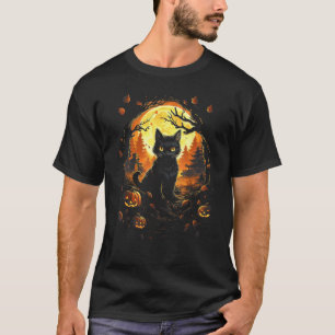 Schwarze Katze mit Jackolantern und Vollmond - Hal T-Shirt