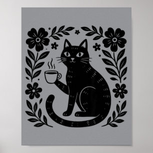 Schwarze Katze mit Kaffee-Blume Vintage-Folk-Art Poster