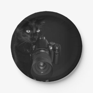 Schwarze Katze mit Kamera Pappteller