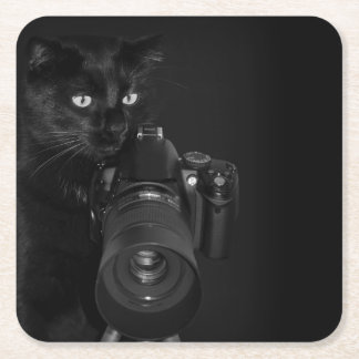 Schwarze Katze mit Kamera Rechteckiger Pappuntersetzer