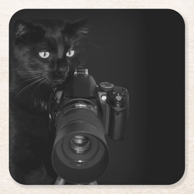 Schwarze Katze mit Kamera Rechteckiger Pappuntersetzer (Vorderseite)