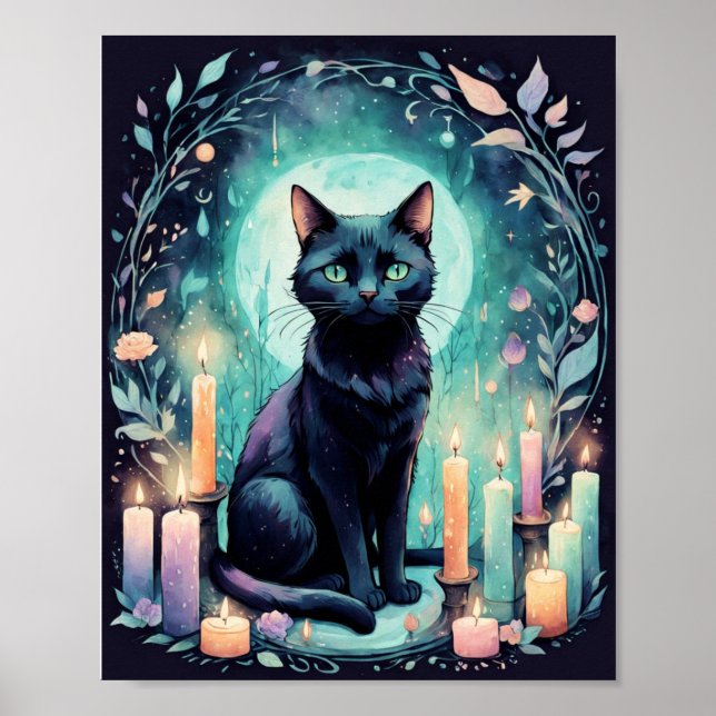Schwarze Katze mit Kerzenlicht Poster (Vorne)