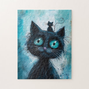 Schwarze Katze mit kleiner Katze auf dem Kopf Puzzle