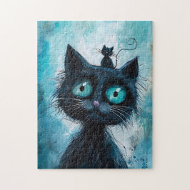 Schwarze Katze mit kleiner Katze auf Kopf Puzzle
