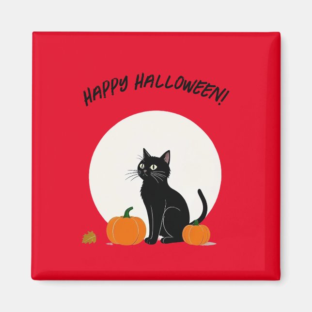 Schwarze Katze mit Kürbis | Frohe Halloween Magnet (Vorne)