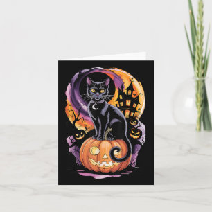 Schwarze Katze mit Kürbis unter Vollmond auf Hallo Karte