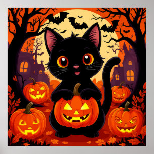 Schwarze Katze mit Kürbissen Halloween Süß Gruseli Poster