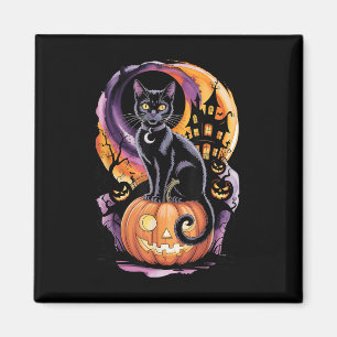 Schwarze Katze mit Kürbissen unter dem Vollmond an Magnet