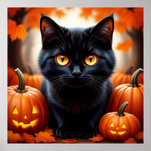 Schwarze Katze mit Kürbissen zur Herbstdekoration  Poster