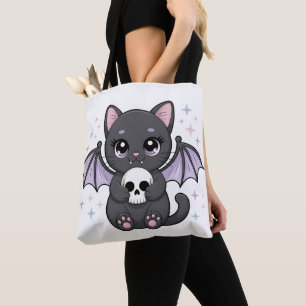 Schwarze Katze mit lila Fledermausflügeln, die ein