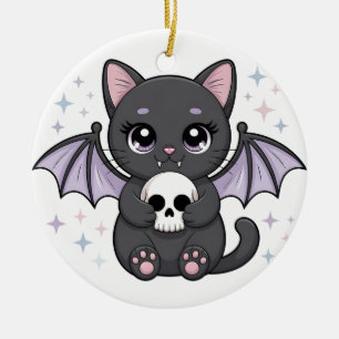 Schwarze Katze mit lila Fledermausflügeln, die ein Keramik Ornament