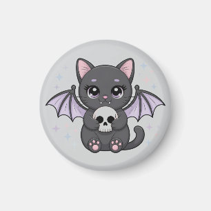 Schwarze Katze mit lila Fledermausflügeln, die ein Magnet