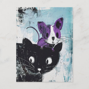 Schwarze Katze mit Lila Maus auf Kopf Postkarte