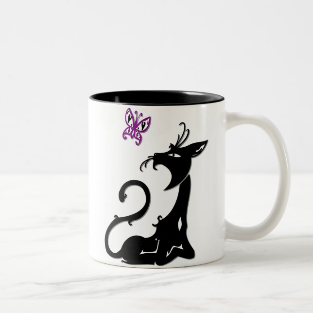 Schwarze Katze mit Lila Schmetterlingskatze Tasse (Rechts)