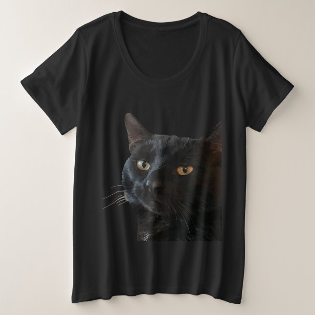 Schwarze Katze mit lustigen, sonderbaren Ausdrücke Große Größe T-Shirt (Design vorne)