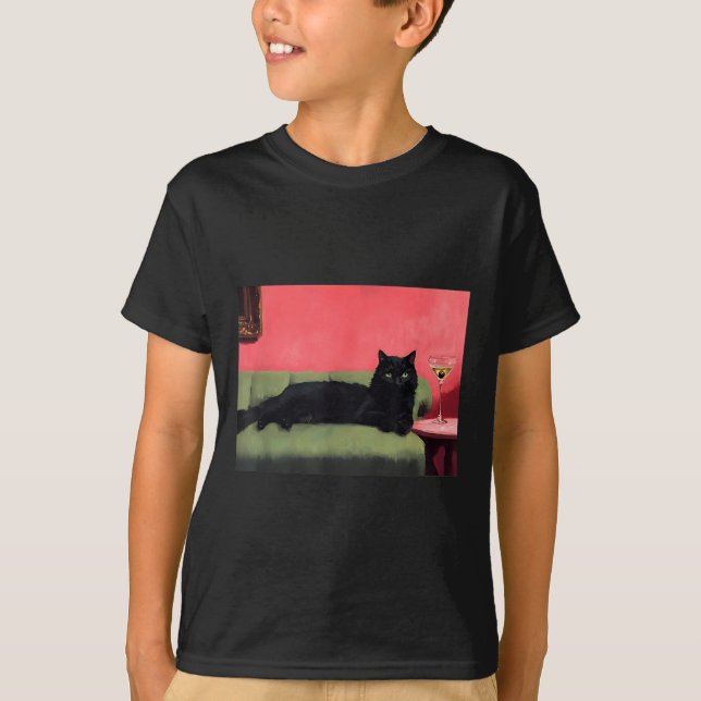 Schwarze Katze mit Martini-Kunstposter  T-Shirt (Vorderseite)