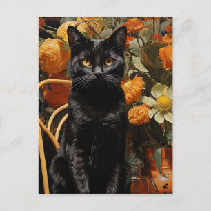 Schwarze Katze mit orangefarbenen Blume Postkarte