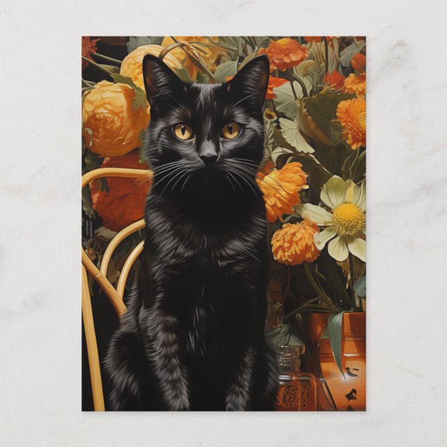 Schwarze Katze mit orangefarbenen Blume Postkarte (Vorderseite)