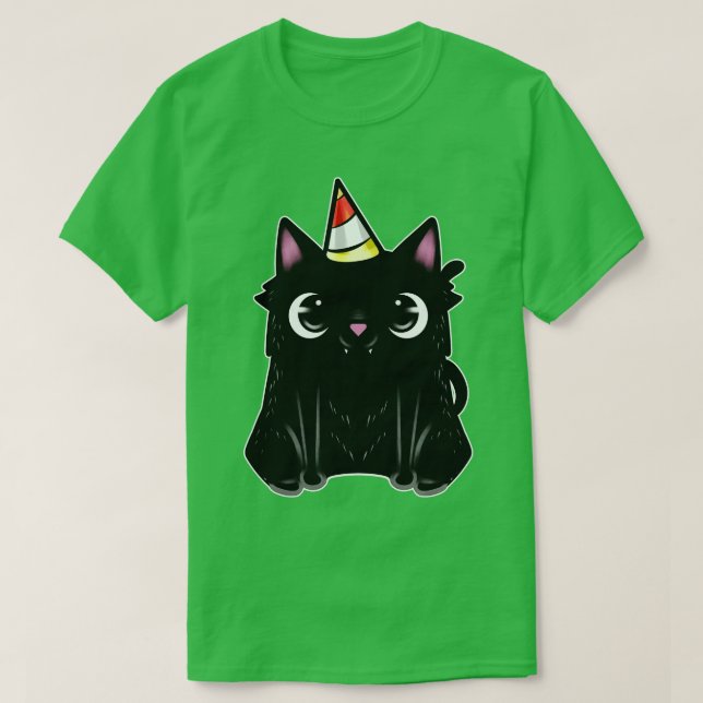 Schwarze Katze mit Party-Hut am Pursday T-Shirt (Design vorne)
