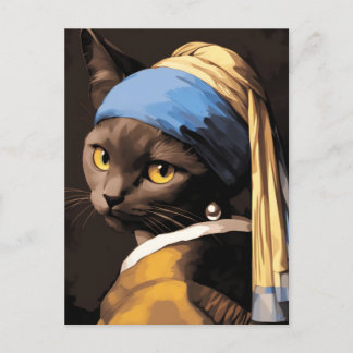 Schwarze Katze mit Perlenohrring Postkarte