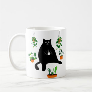 Schwarze Katze mit Pflanze, lustiges schwarzes Kat Kaffeetasse