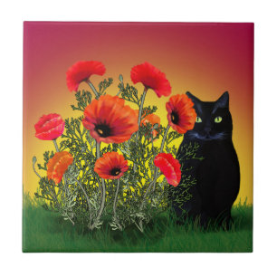 Schwarze Katze mit Pflaumen Fliese