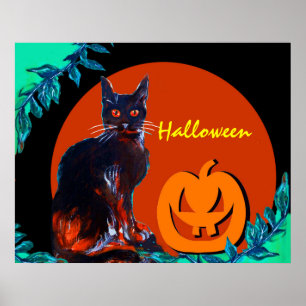 SCHWARZE KATZE MIT PUMPKIN IN HALLOWER NACHT POSTER