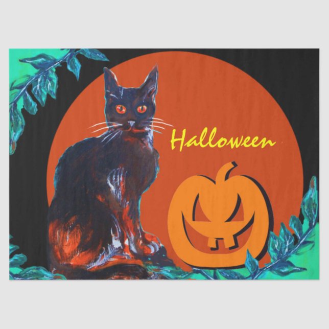 SCHWARZE KATZE MIT PUMPKIN IN HALLOWER NACHT SEIDENPAPIER (Vorderseite)