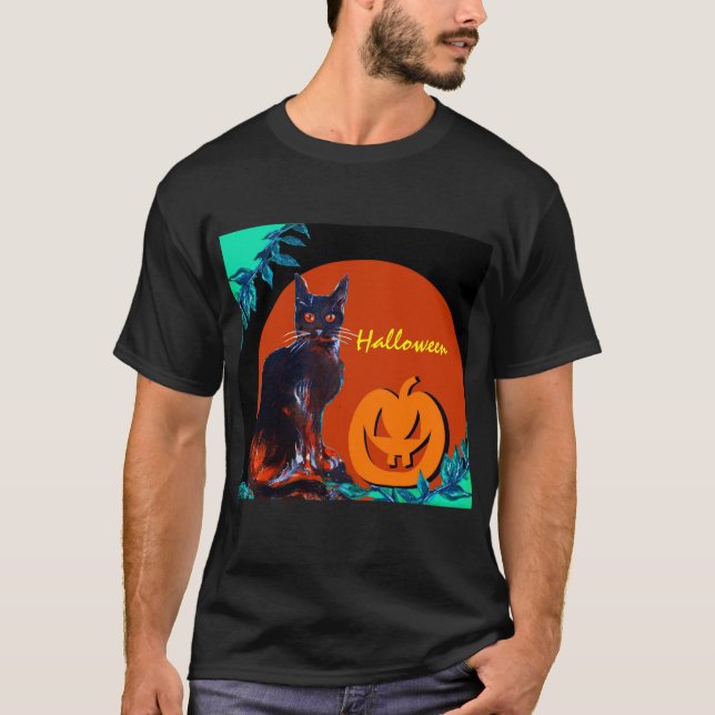 SCHWARZE KATZE MIT PUMPKIN IN HALLOWER NACHT T-Shirt (Vorderseite)