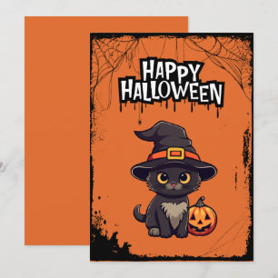 Schwarze Katze mit Pumpkin Jack O' Lantern Feiertagskarte