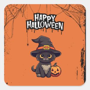 Schwarze Katze mit Pumpkin Jack O' Lantern Quadratischer Aufkleber
