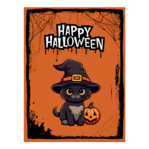 Schwarze Katze mit Pumpkin-Kürbislaterne Halloween Poster