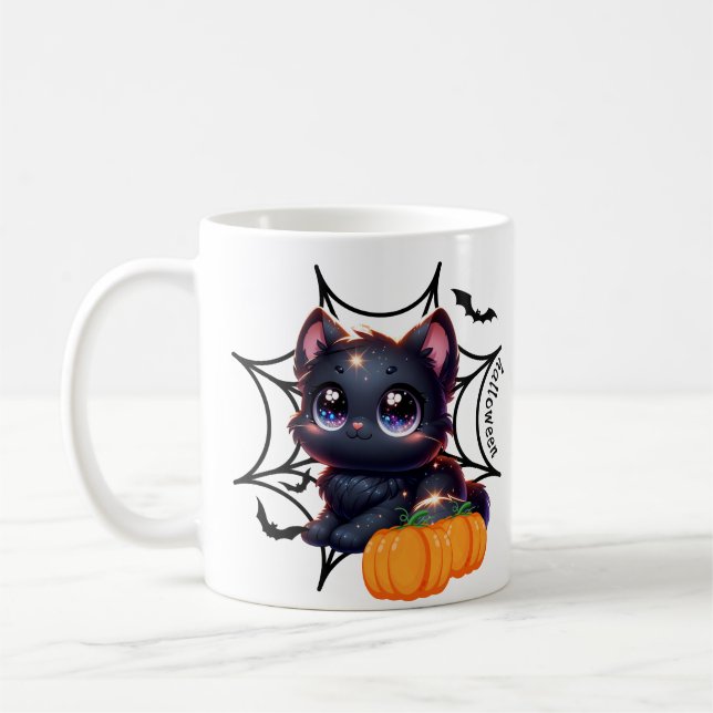 Schwarze Katze mit Pumpkins und Spinnennetze Tasse (Links)