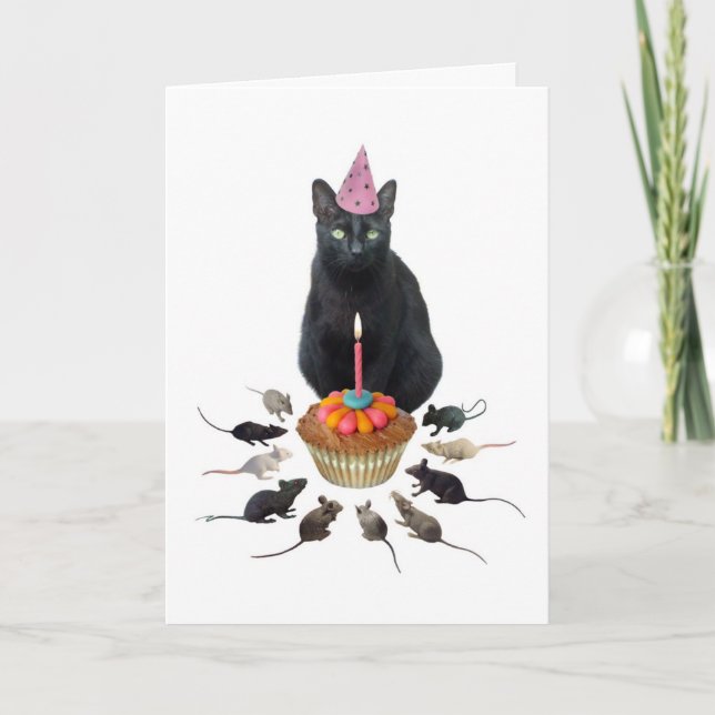 Schwarze Katze mit Ratten zum Geburtstag Karte (Vorderseite)