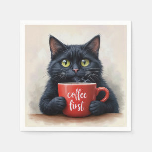 Schwarze Katze mit Red Coffee Tasse Serviette