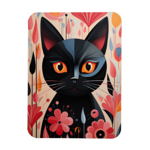 Schwarze Katze mit rosa Blume Magnet