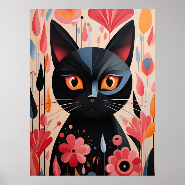 Schwarze Katze mit rosa Blume Poster (Vorne)
