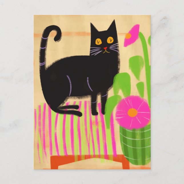 Schwarze Katze mit rosa Blume Postkarte (Vorderseite)