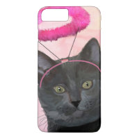 Schwarze Katze mit rosa Engel Halo