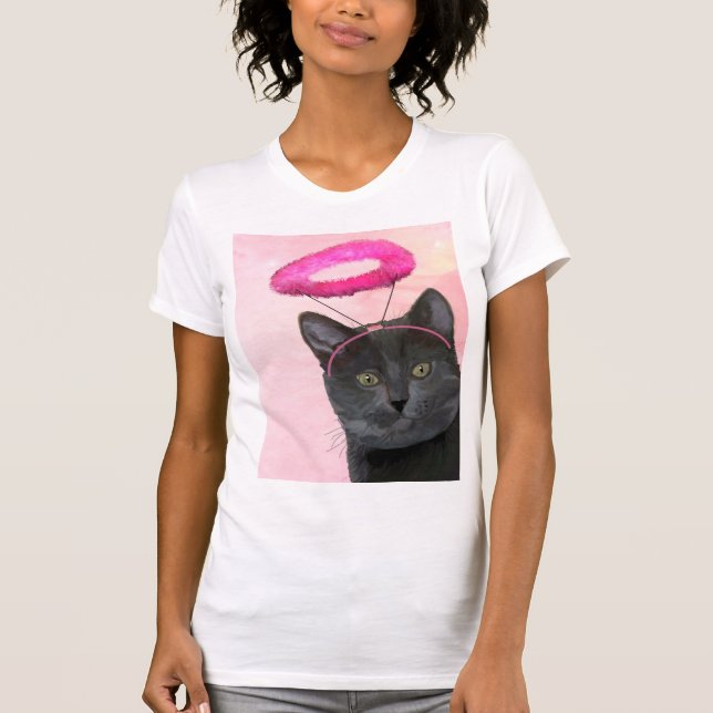Schwarze Katze mit rosa Engel Halo T-Shirt (Vorderseite)