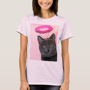 Schwarze Katze mit rosa Engel Halo T-Shirt