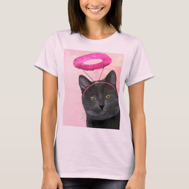 Schwarze Katze mit rosa Engel Halo T-Shirt (Vorderseite)