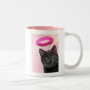 Schwarze Katze mit rosa Engel Halo Zweifarbige Tasse