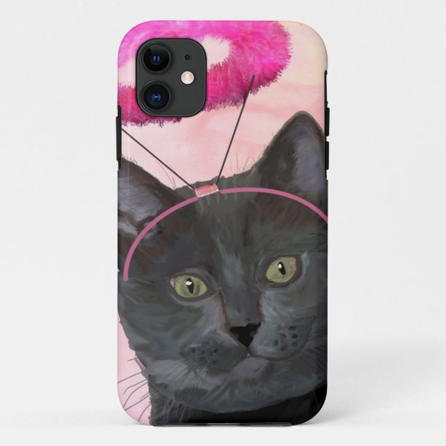 Schwarze Katze mit rosa Engels-Halo Case-Mate iPhone Hülle (Rückseite)